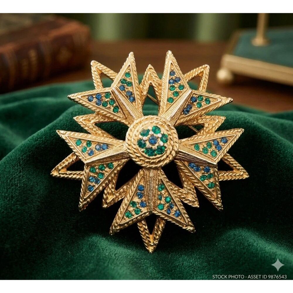Hattie Carnegie Vintage Maltese Cross Brooch Signed Blue Green Rhinestone Pin